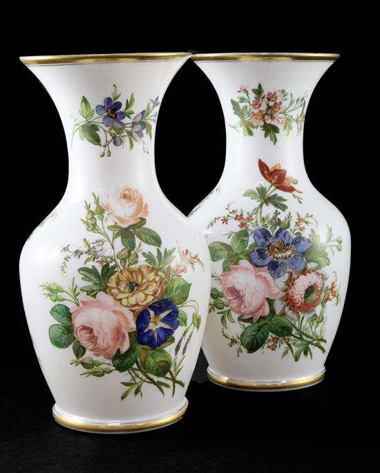 A pair of French enamelled opaline glass vases, mid 19th century, 29.5cm